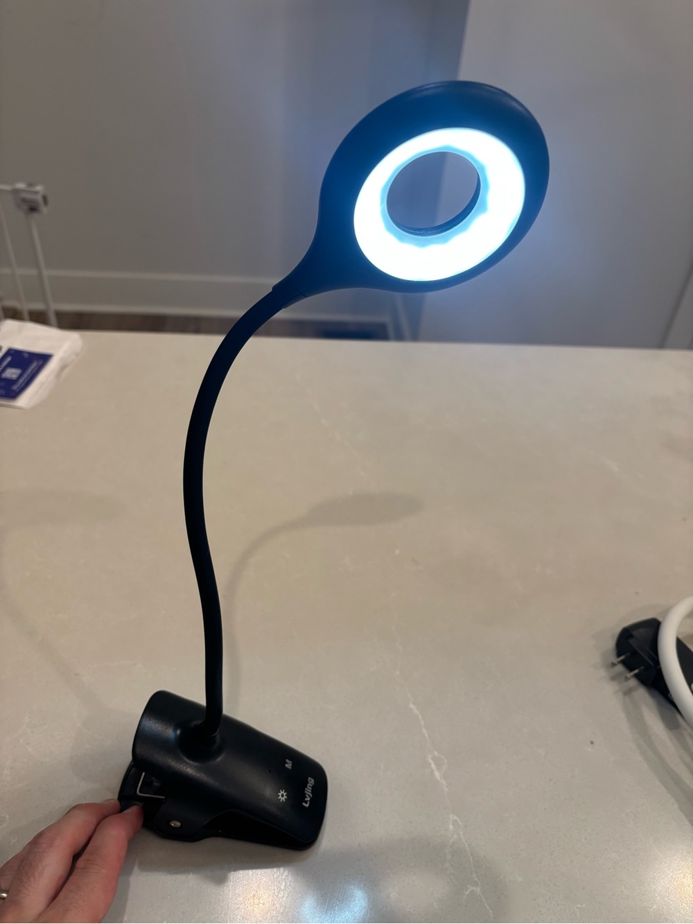 Black LED Ring Clip Desk Lamp with Adjustable Neck